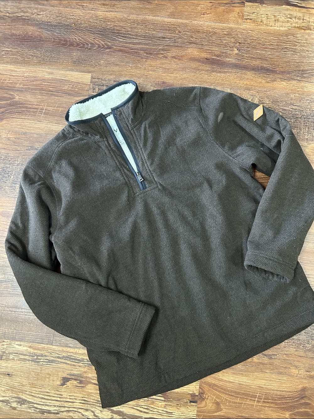 Orvis Men's Zip-Neck Sweater in Dark Brown with Cream Sherpa Collar